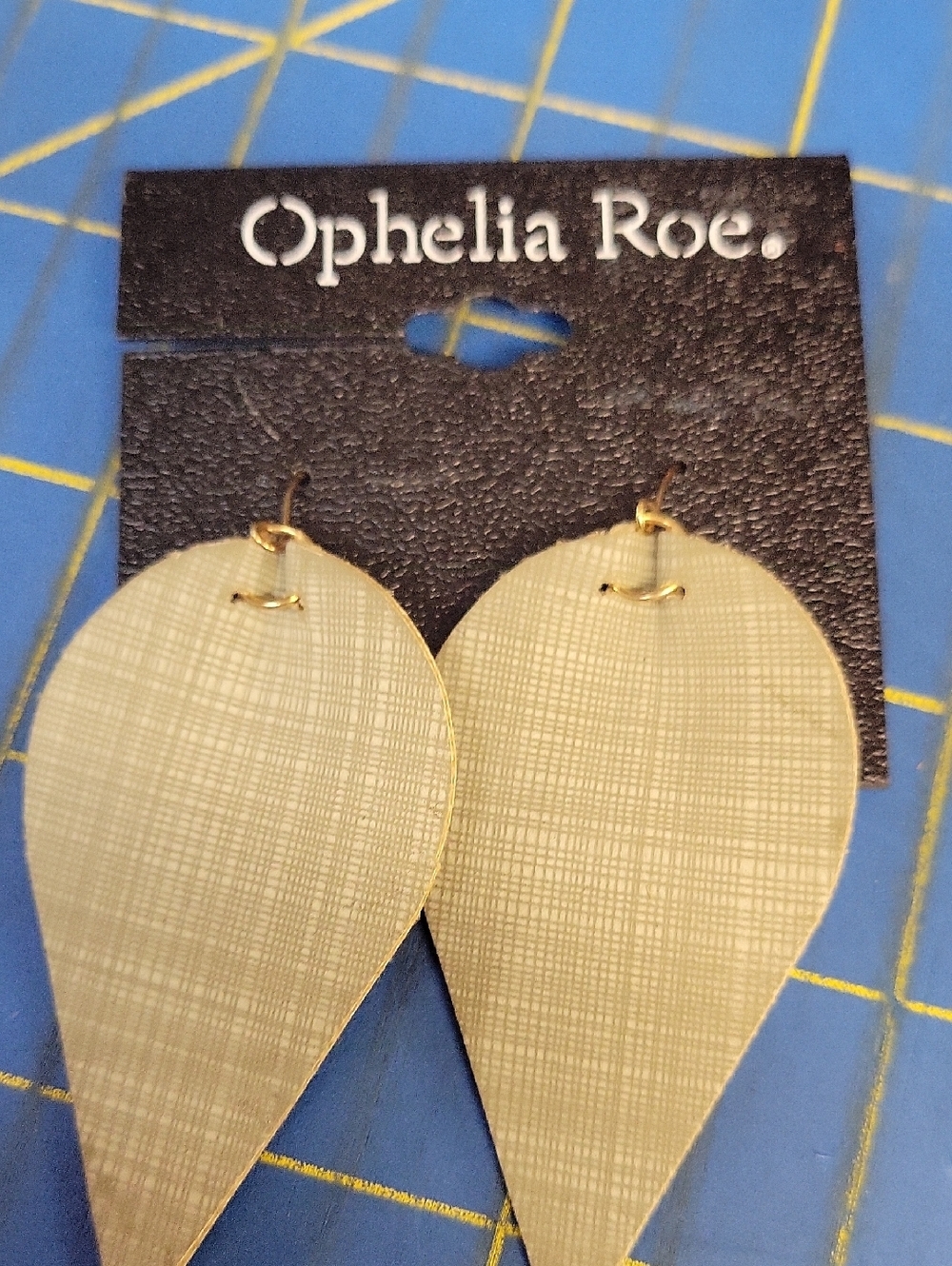 Ophelia Roe Light Olive Teardrop Earrings Leather NWT